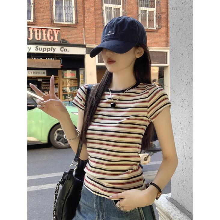 2026 Summer New Style Contrast Color Striped Short Sleeve T-Shirt for Women, Slim Fit and Versatile Top