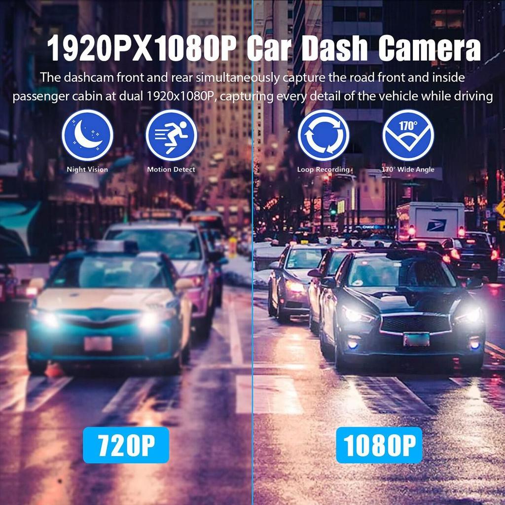 DVR para automóvil HD 1080P con 3 lentes para tablero de instrumentos, cámara de tres vías, grabadora de video, videocámara para tablero de instrumentos, pantalla IPS de 2.0 pulgadas y cámara trasera
