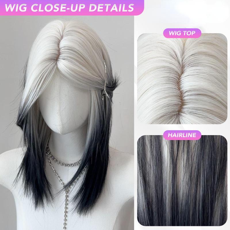 18 Inch Black And White Mullet Head Wig  Synthetic Straight Fluffy Natural Wolf Tail Hair for Daily Use Party Cosplay Korean Fashion