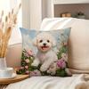 Cute White Poodle Pillow Cover Oil Painting Print Cushion Case Pet Lover Peony Flower Home Decor Gift