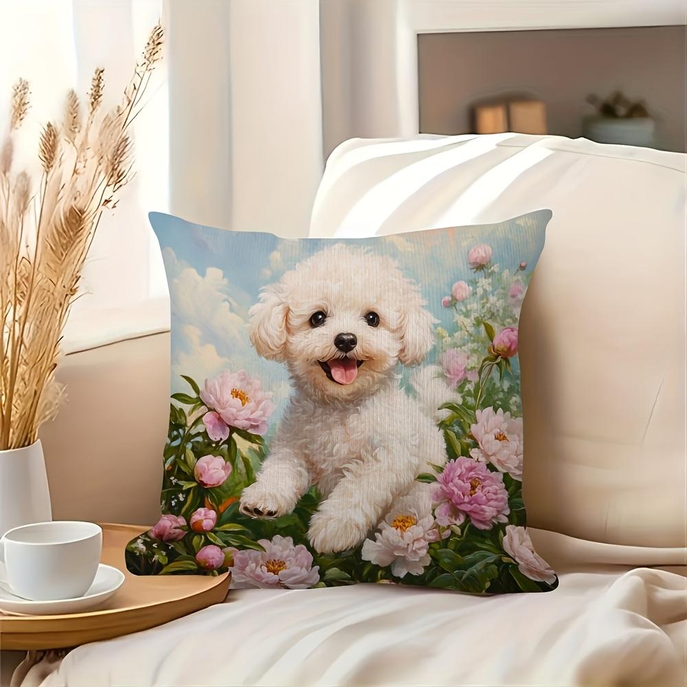 Cute White Poodle Pillow Cover Oil Painting Print Cushion Case Pet Lover Peony Flower Home Decor Gift