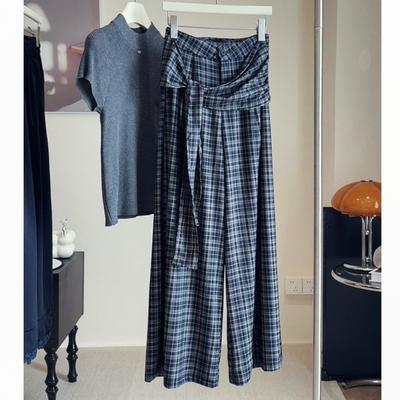 Vintage Sommer Design Streifen Karomuster Hose locker fallend gerade High Waist Freizeit Weites Bein Bodenlange Hose
