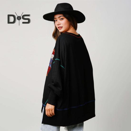 Women Sweatshirt Sequin Cartoon Pattern Slit Hem Round Neck Long Sleeves Christmas Style New Year Party Performance Top