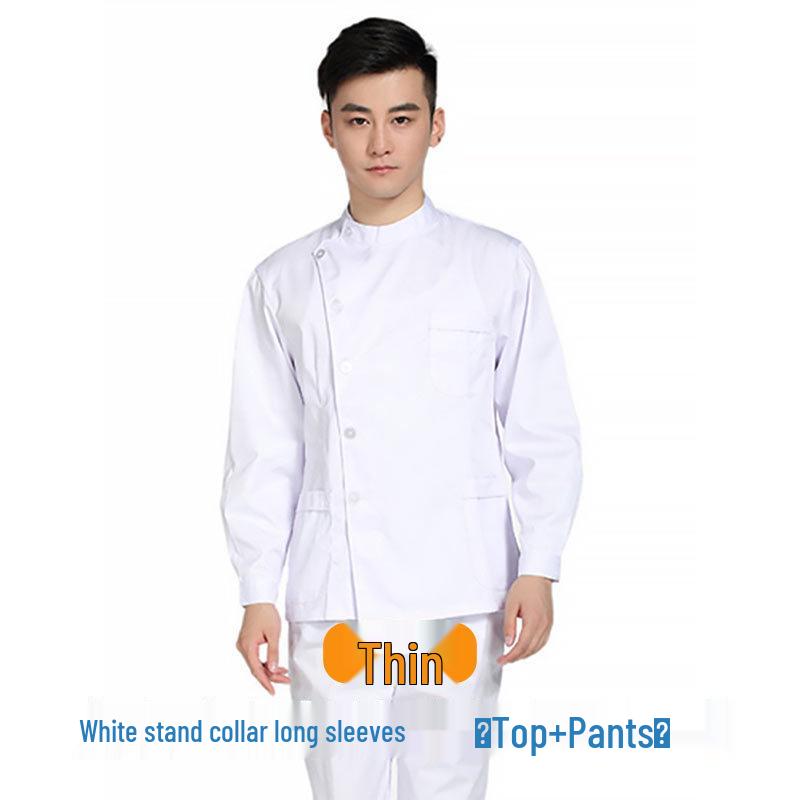 Tandvårdsarbetskläder: Unisex Tvådelat Set med Ståkrage, Sidoknäppning och Vit Rock med Lång/Kort Ärm