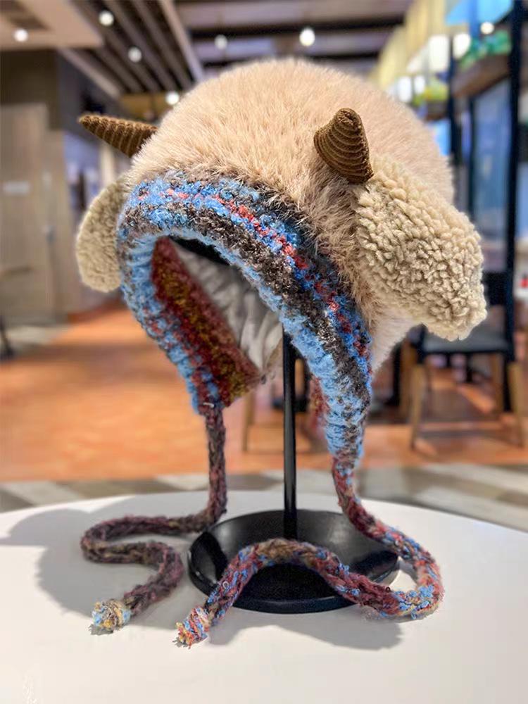 

Cute Lamb Wool Plush Hat - Women s Autumn/Winter Warm Tie-up Knitted Ear Protection Versatile Pullover. One Size