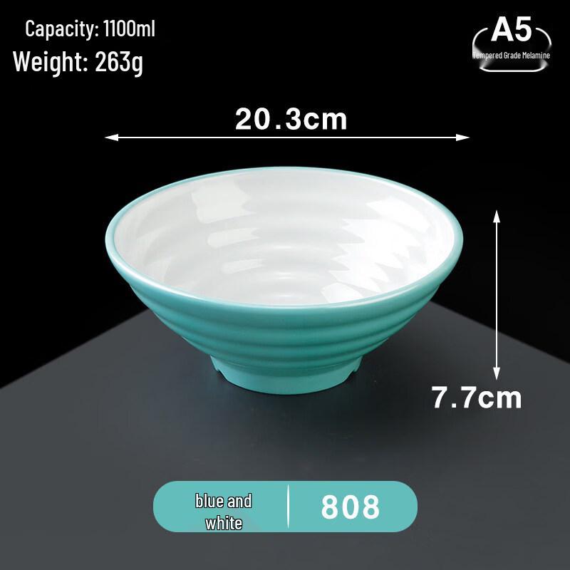 A5 Melamine Imitation Porcelain 8-inch Ramen Soup Bowls - Blue & White (Pack of 10)