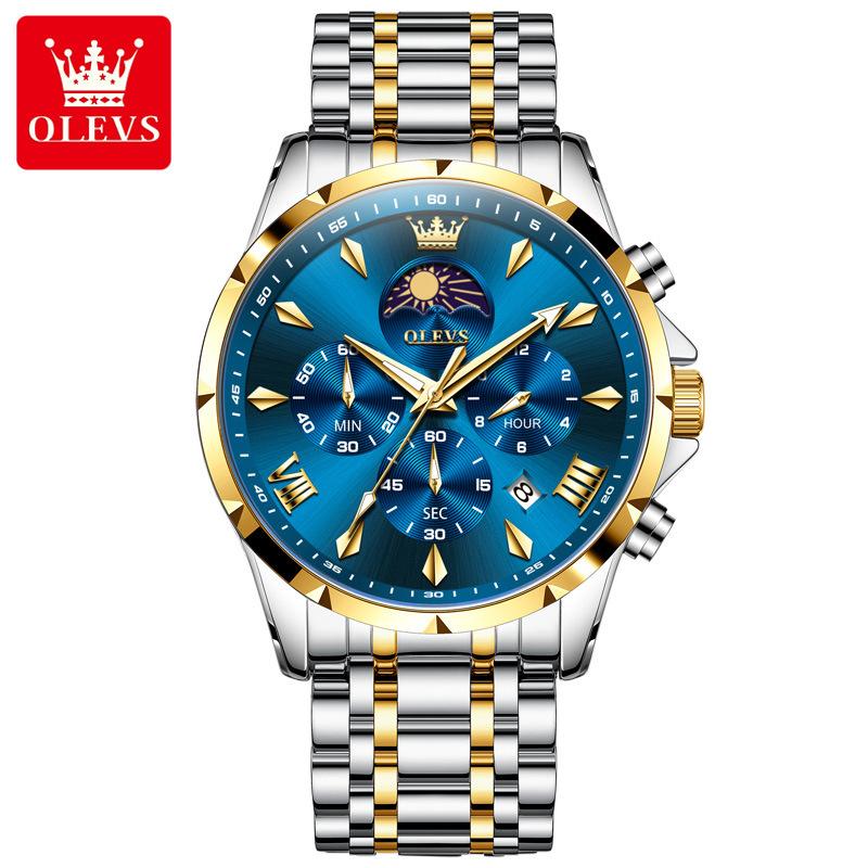 OLEVS Original Chronograph Quartz Watch For Men Moon Phase Stainless Steel Waterproof Man Watch Date Fashion Wrist Watch