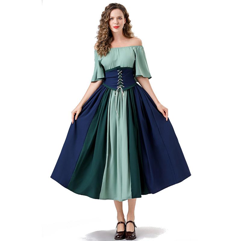 Cosplay European and American retro dress contrasting color splicing Feifei sleeves lace waist princess dress one-word shoulder dress skirt tutu skirt