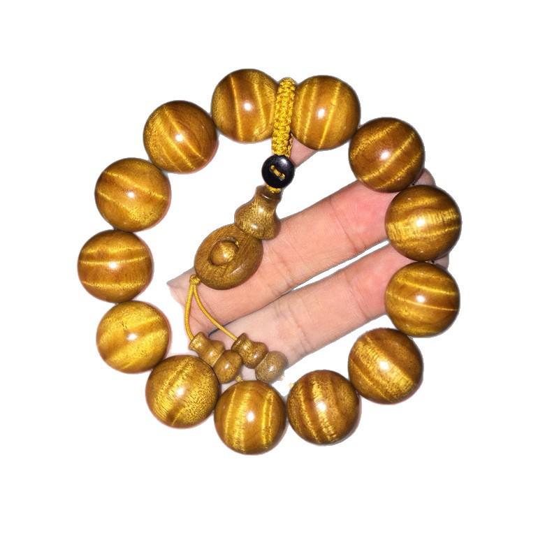 Golden Silk Phoebe Wood Bracelet 1.8: Unisex Water Ripple Design with Withered Wood, Wenwan Ornaments, Buddhist Beads.