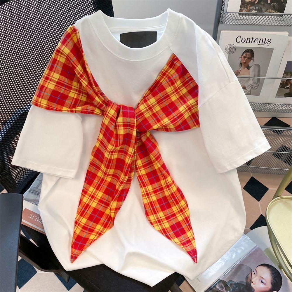 Women's Summer Plaid Bow Short Sleeve Korean Tee