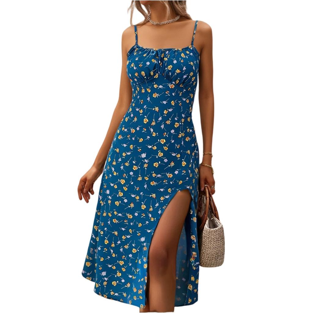 Women Summer Floral Midi Dresses Casual Spaghetti Strap Sleeveless Ruched Split Slit Long Dresses