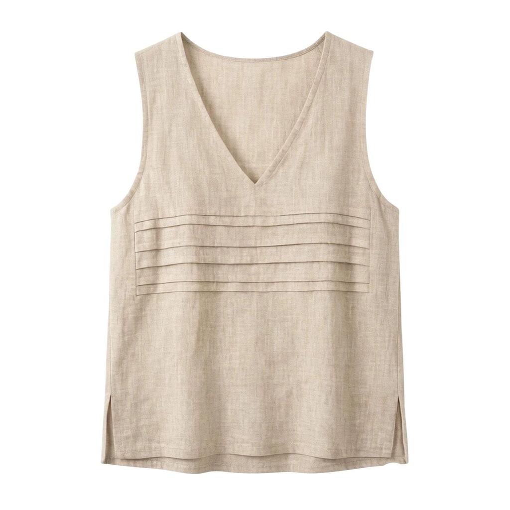 Women Sleeveless V Neck Casual Tank Top Lightweight Linen Blouse Summer Shirt with Pleated Front Design for Daily Wear