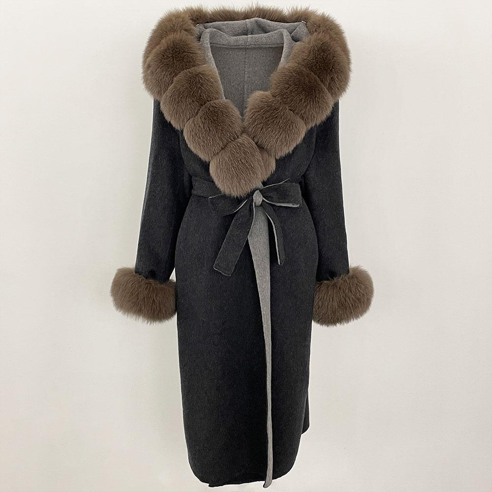 OFTBUY Autumn Winter Women Coat Real Natural Fox Fur Collar Hooded Double-faced Woolen Blends Jacket Thick Warm Casual Overwears