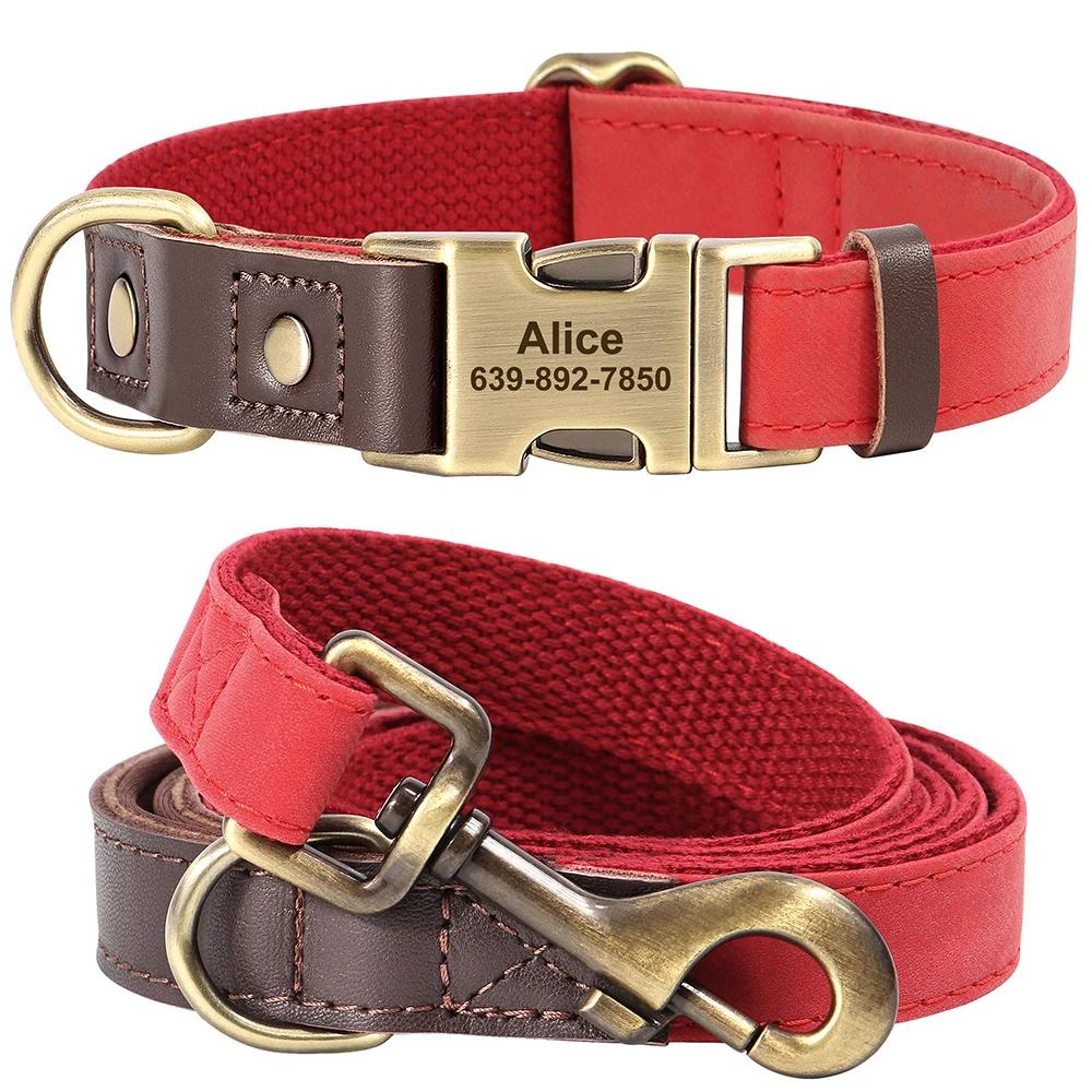 Personalized Leather Dog Collar and Leash Set Custom Engraved Nameplate ID Tag for Small Medium Large Dogs