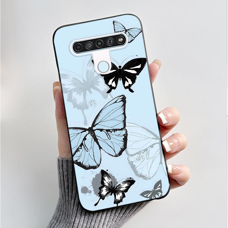 For LG Q61 LM-Q630N Slim Black Soft Silicone Case Luxury Fashion Flower Butterfly Painted Cover for LG K61 Q61 Q 61 Phone Casing