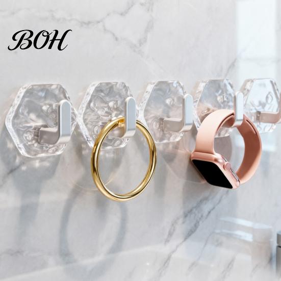 Acrylic Hexagon Hooks Adhesive Hooks, Hexagonal Wave Shape, No Drilling Easy Dorm Room Wall Installation Hook, Modern Style Clear for Bathroom Kitchen