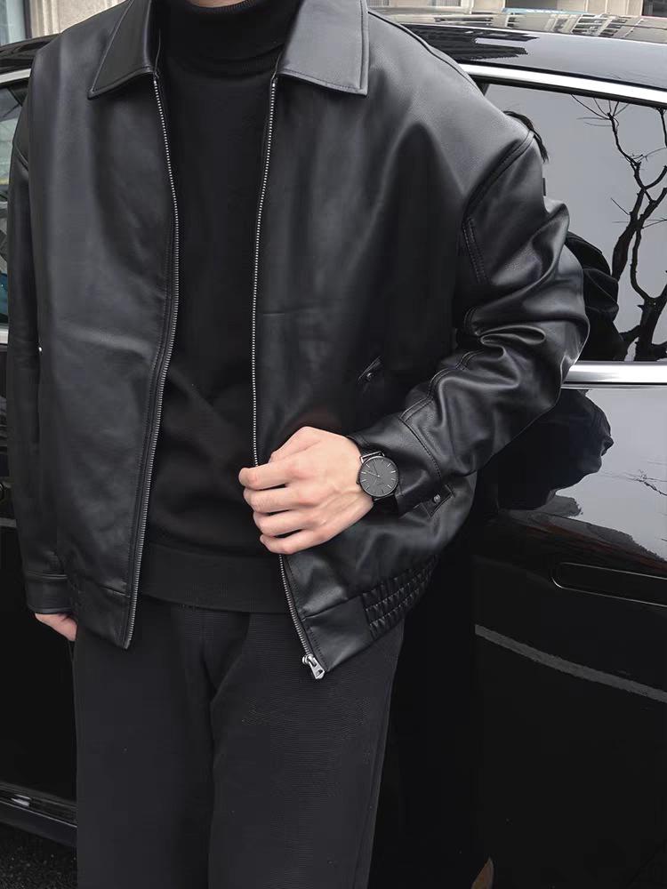 Men's European-Style Black Executive PU Leather Workwear Jacket with Lapel Zipper