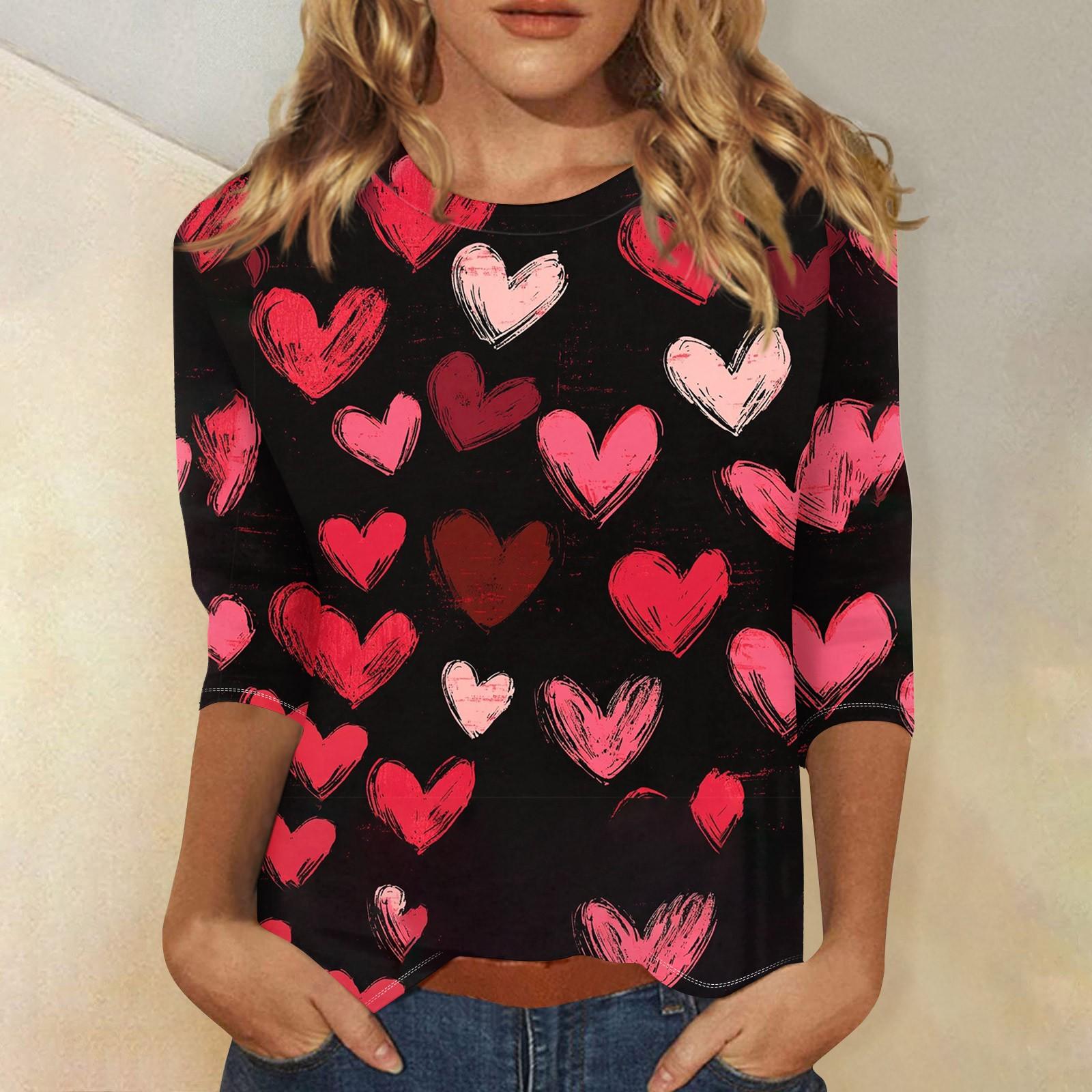 

Женская повседневная свободная футболка с круглым вырезом и принтом ко Дню святого Валентина с рукавами три четверти XL арбуз красный