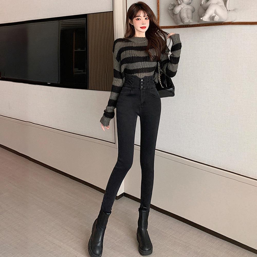 

High waist jeans women s spring and autumn Korean version of small foot pants slim and thin pencil pants hip pants tide 32 чёрный