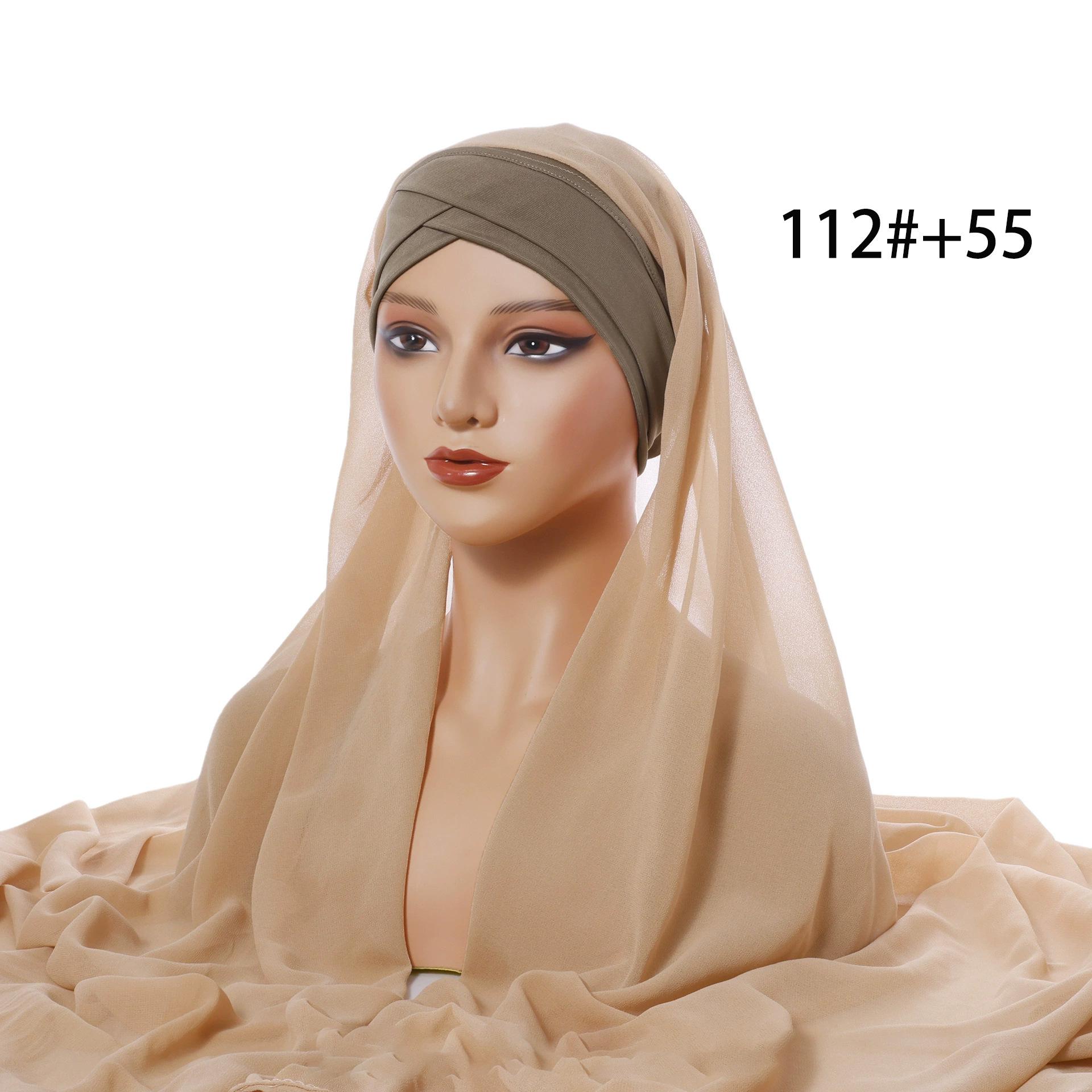 

Headscarf Hat + Chiffon Scarf Two-Piece Set Convenient For All Seasons Plain Chiffon Shawl Women S Forehead Cross Hat two-piece set