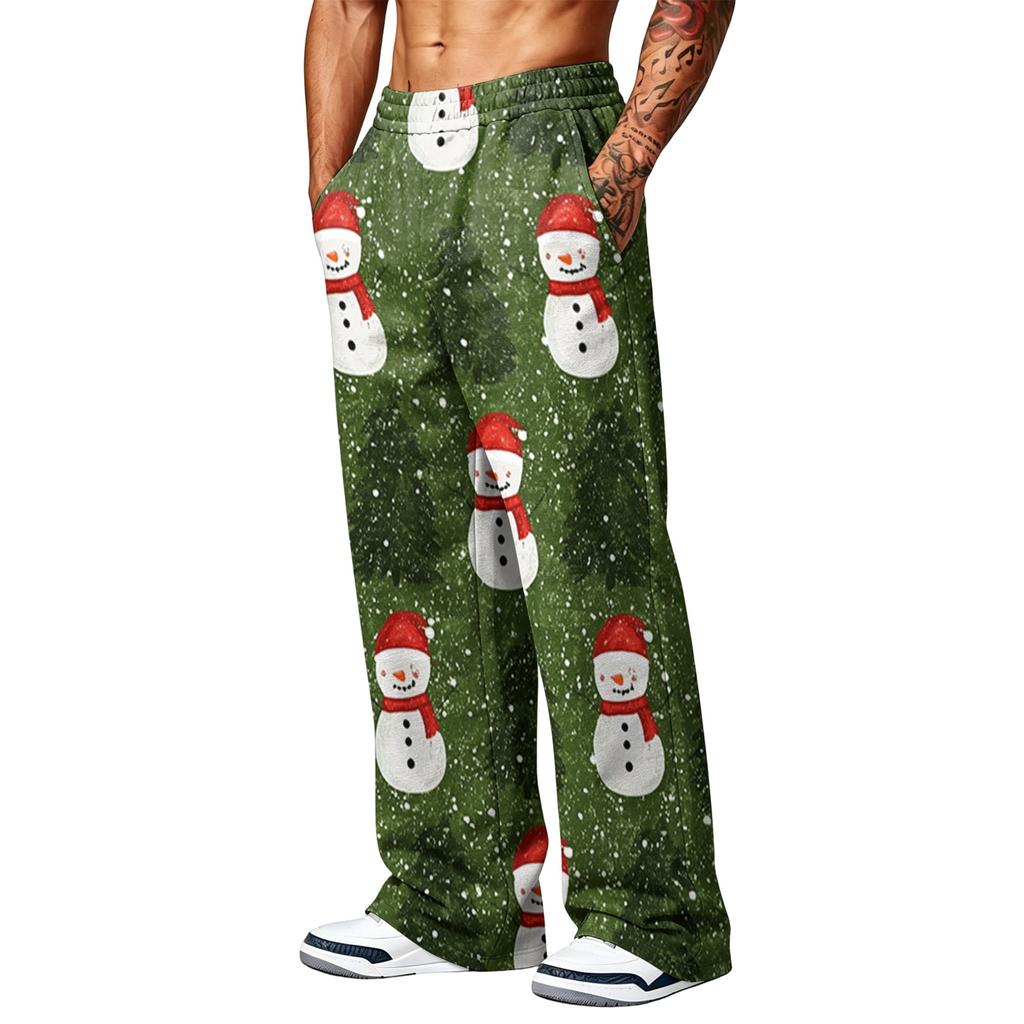 Men's Fashion Casual Loose Fit Wide Leg Christmas Print Sports Pants with Pockets