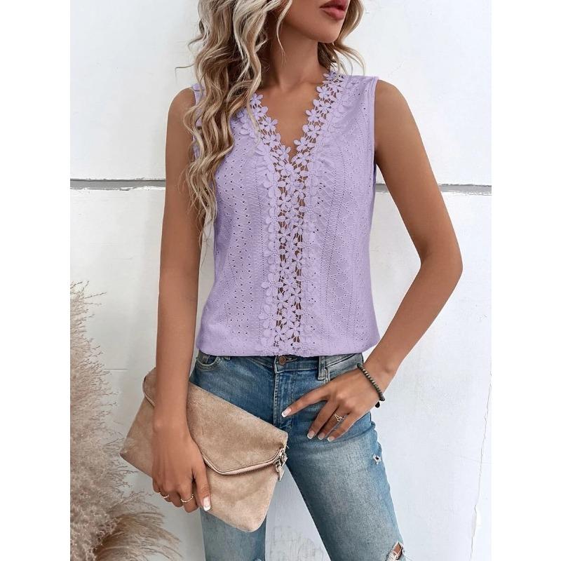 Damen Lässiges V-Ausschnitt Patchwork Spitze Ausgeschnitten Ärmelloses Weste T-Shirt Top