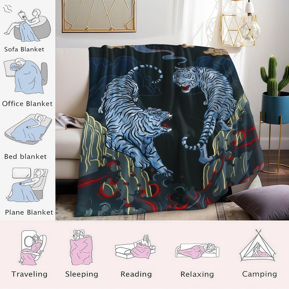 Dual Blue Tigers Flannel Blanket Warm Soft Halloween Christmas Couch Warm Cozy Decorative Decor Gift for All Season