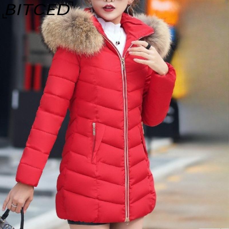 BITCED Winter Coat for Women - Mid-Length Slim-Fit Cotton Jacket with Large Fur Collar and Down-Filled Quilted Design