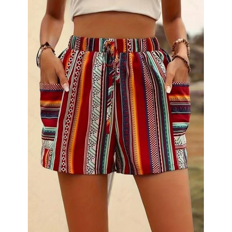 Bohemian High-Waisted Striped Pocket Shorts - 2025 Spring/Summer Collection Large