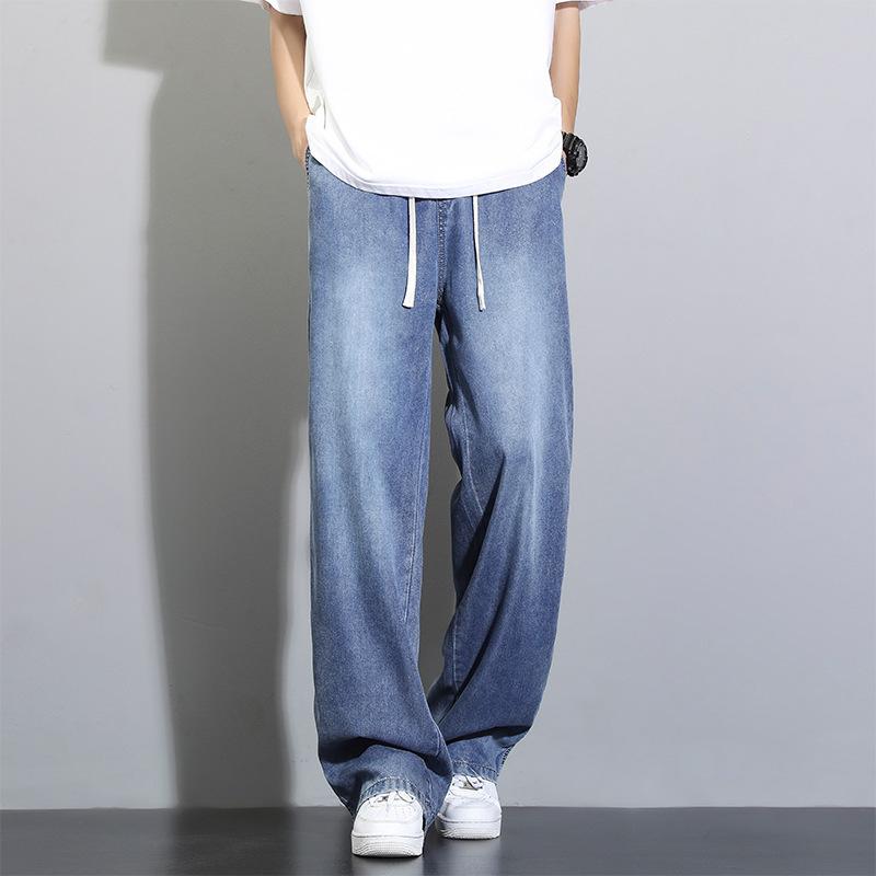 Men's Pink Blue Gradient Jeans, Casual Loose Fit Drawstring Wide Leg Denim Pants
