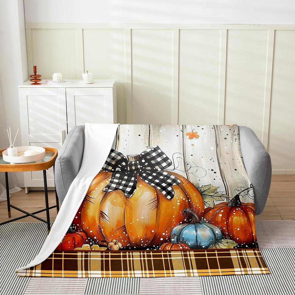GUOYU Blanket Fall Pumpkin Harvest Fleece Flannel BlanketRustic Maple Autumn Leaves Bed Plush Blanket for Rustic Home DecorHarvest Patchwork