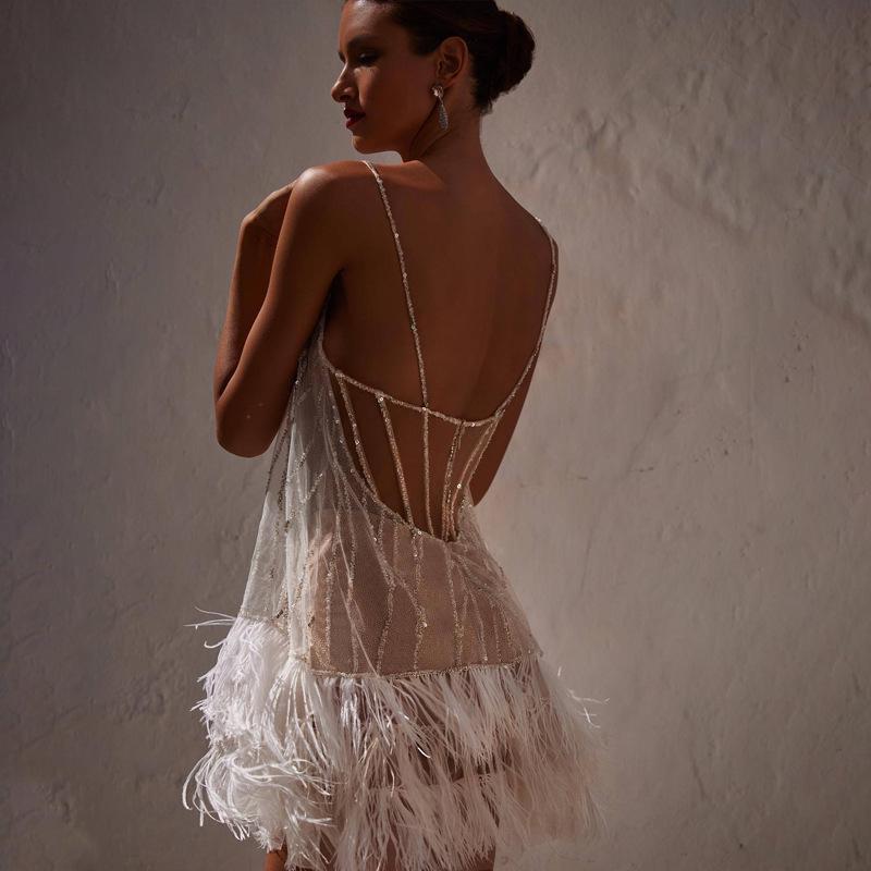 Sexy Backless Party Dress – Short Tassel Mesh Beaded Suspender Skirt