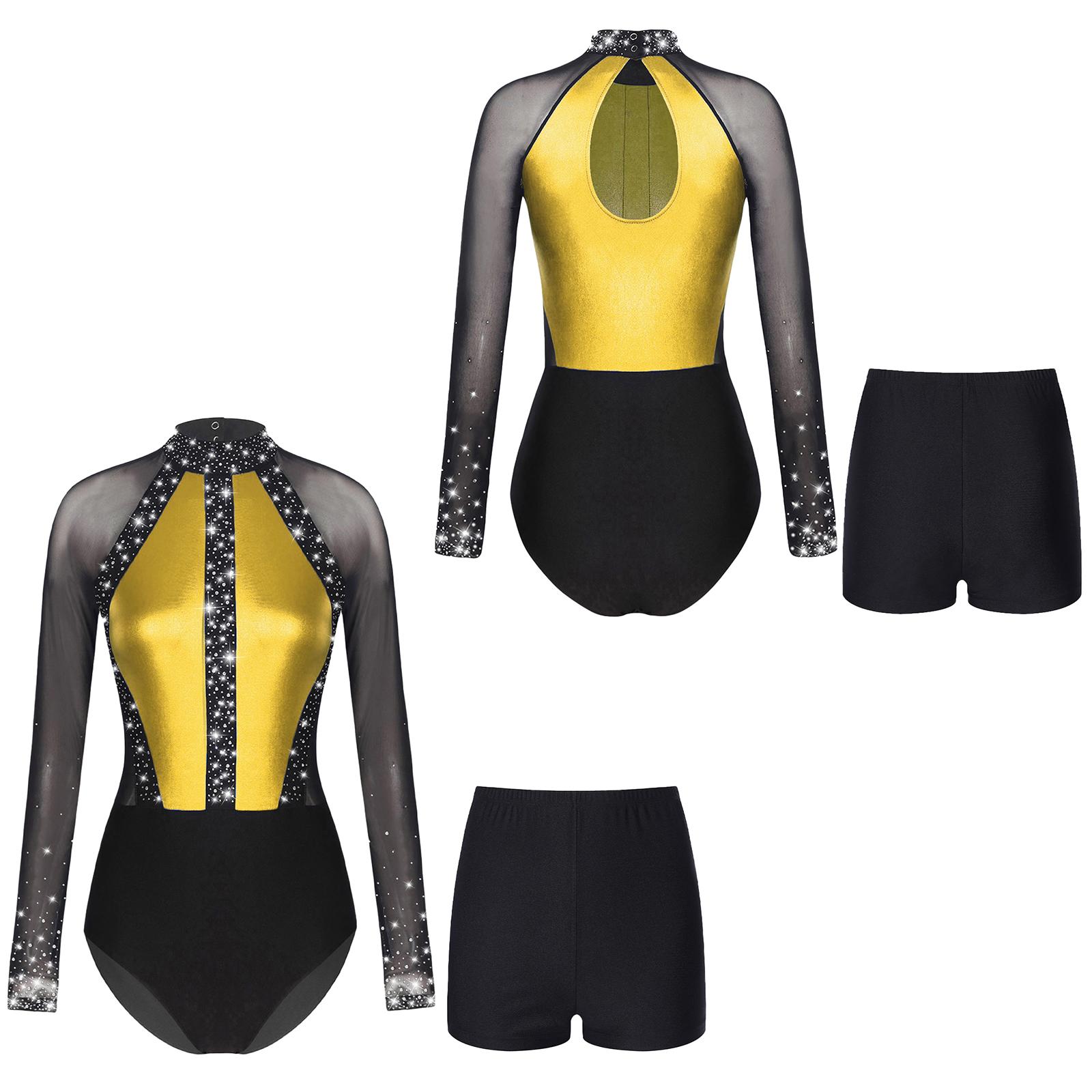 

Жіноче сітчасте гімнастичне боді з довгим рукавом зі стразами Балетне танцювальне трико Кольоровий комбінезон для катання на ковзанах Шорти Комплекти танцювального одягу XXL золотий