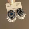 Silver Needle Retro Geometric Tassel Pearl Earrings Bohemian Fashion Earrings Niche Design Earrings