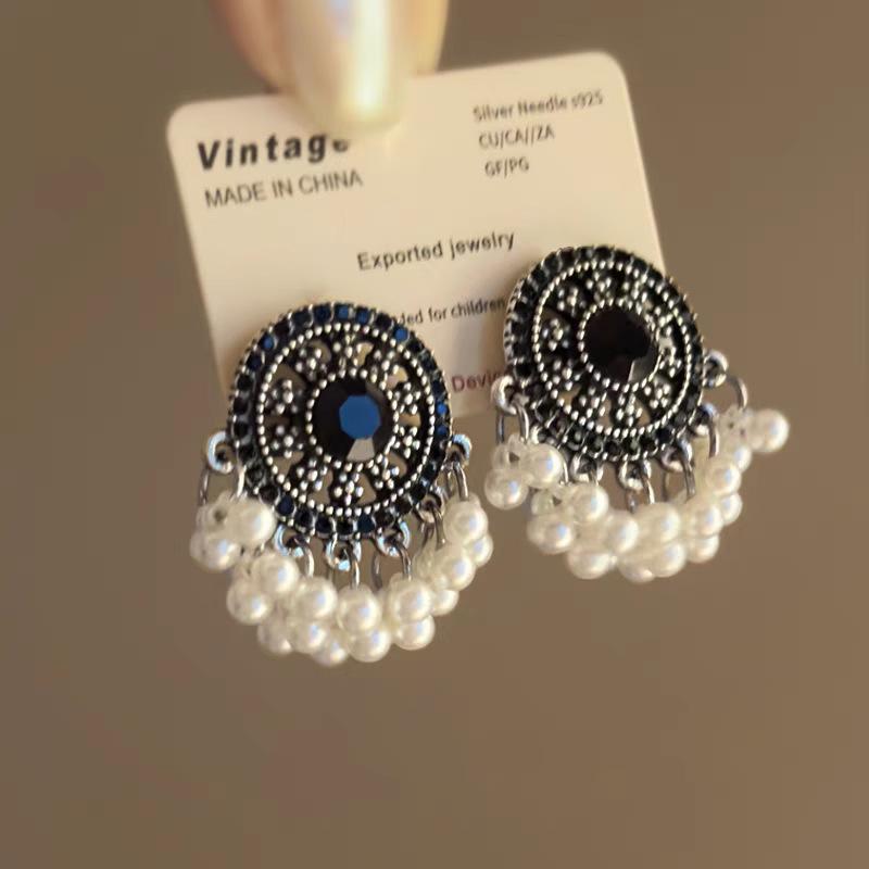 Silver Needle Retro Geometric Tassel Pearl Earrings Bohemian Fashion Earrings Niche Design Earrings