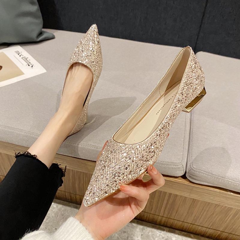 -Crystal shoes sequined low-heeled shoes pointed flat-bottomed socialite silver maternity bride wedding shoes