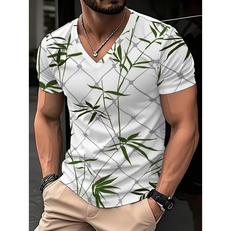 Mens V-Neck Short Sleeve T-Shirt With 3D Creative Print Breathable Cotton Blend Slim Fit Casual Tee