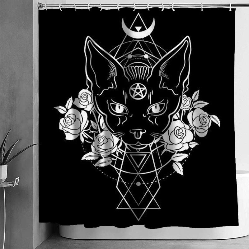 HOME Waterproof Shower Curtains Satanic Cat Pentagram Death Print   Home Bathroom Products Cortina Baño Kurtyny