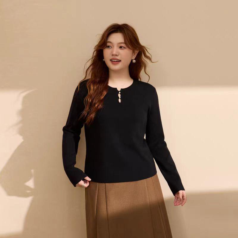 

200 Jin Plus Size Women s Wool Knitted Sweater, Chinese Style, Hollow Neck, Round Neck, Autumn/Winter Layer, Stylish Fashion Top 4XL (180-200 kg) чорний