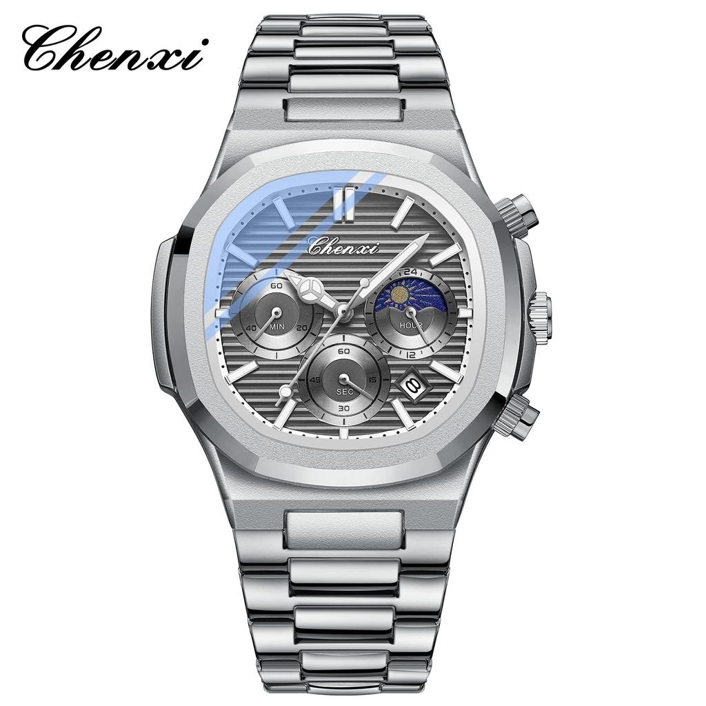 Luxury Watch Men Business Fashion Waterproof Stainless Steel Chronograph Moon Phase Quartz Wristwatch Male Clock