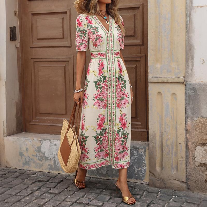 Women Retro Ethnic Floral Print V Neck Short Sleeve High Waist Midi Dress S