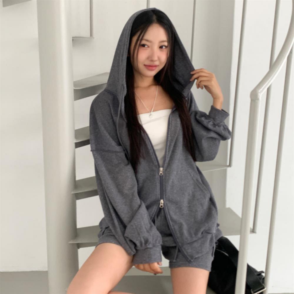 New Arrivals Open Run Women Casual Loose Fit Hooded Jacket With Pocket Shorts