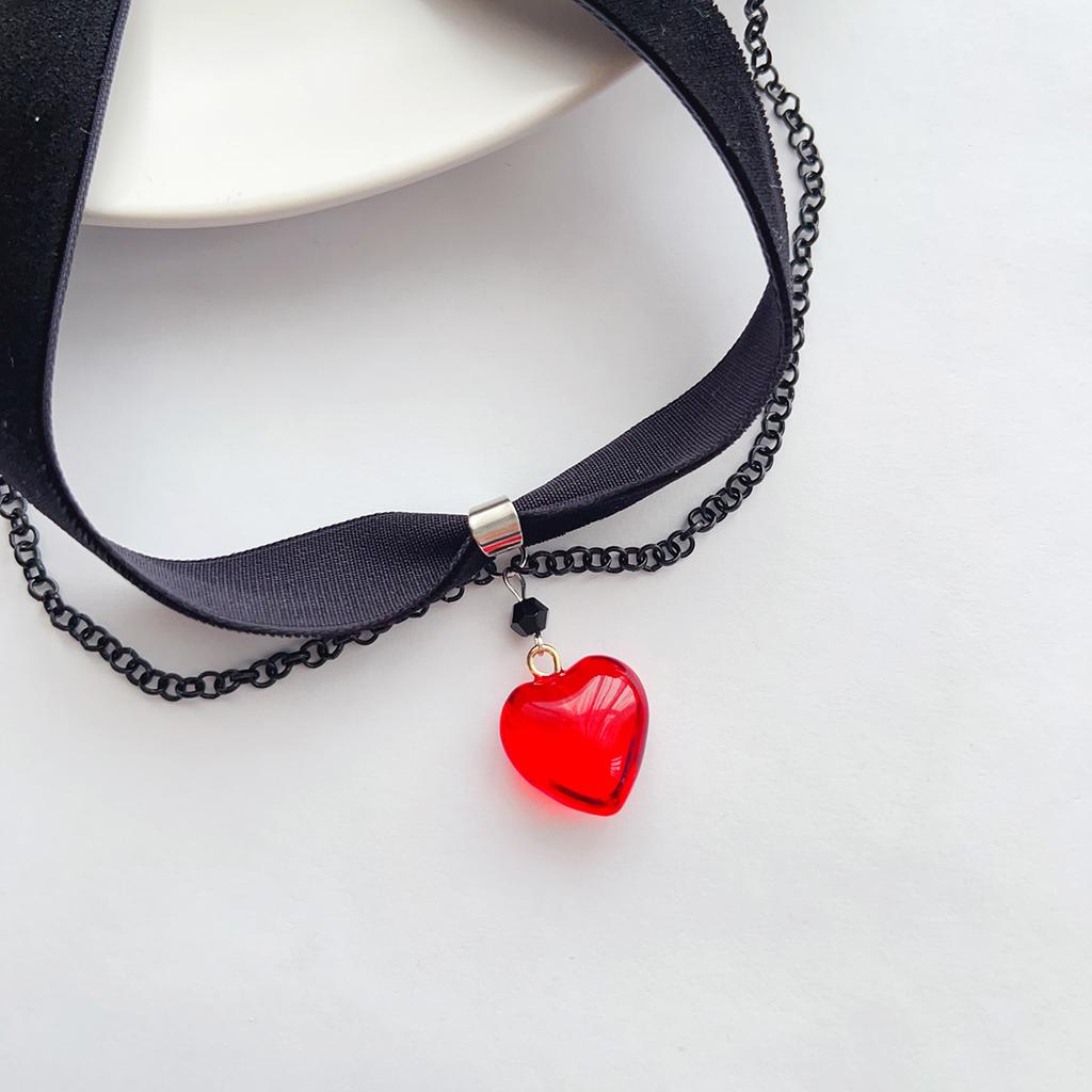 Dark gothic style, black velvet ribbon tassel chain, red heart-shaped pendant, choker collar, neckband, necklace for women