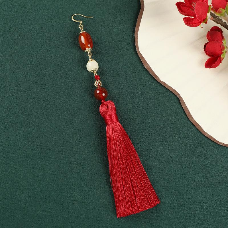 Red Agate Tassel Long Earrings Niche Retro Earrings Chinese Hanfu Earrings Women