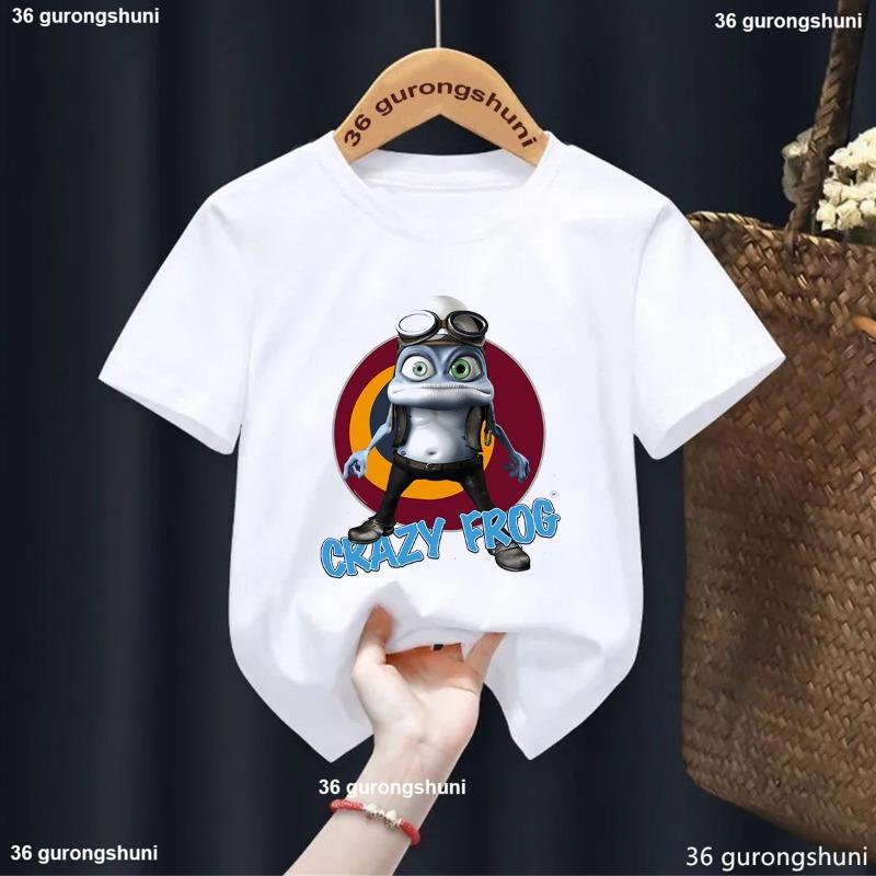 

New Summer Style Boys T-Shirt Funny Crazy Frog Cartoon Print Tshirt Kids Fashion Trendy Boys Clothes White O-Neck Girl Shirt Top 150