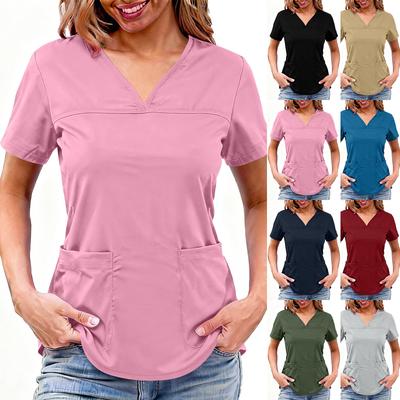 Women's  Color Short-sleeved V-neck Caregiver Uniform Top With  Color Pockets