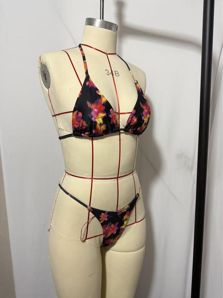 European & American Triangle Tie-Up Print Bikini Swimsuit for Women