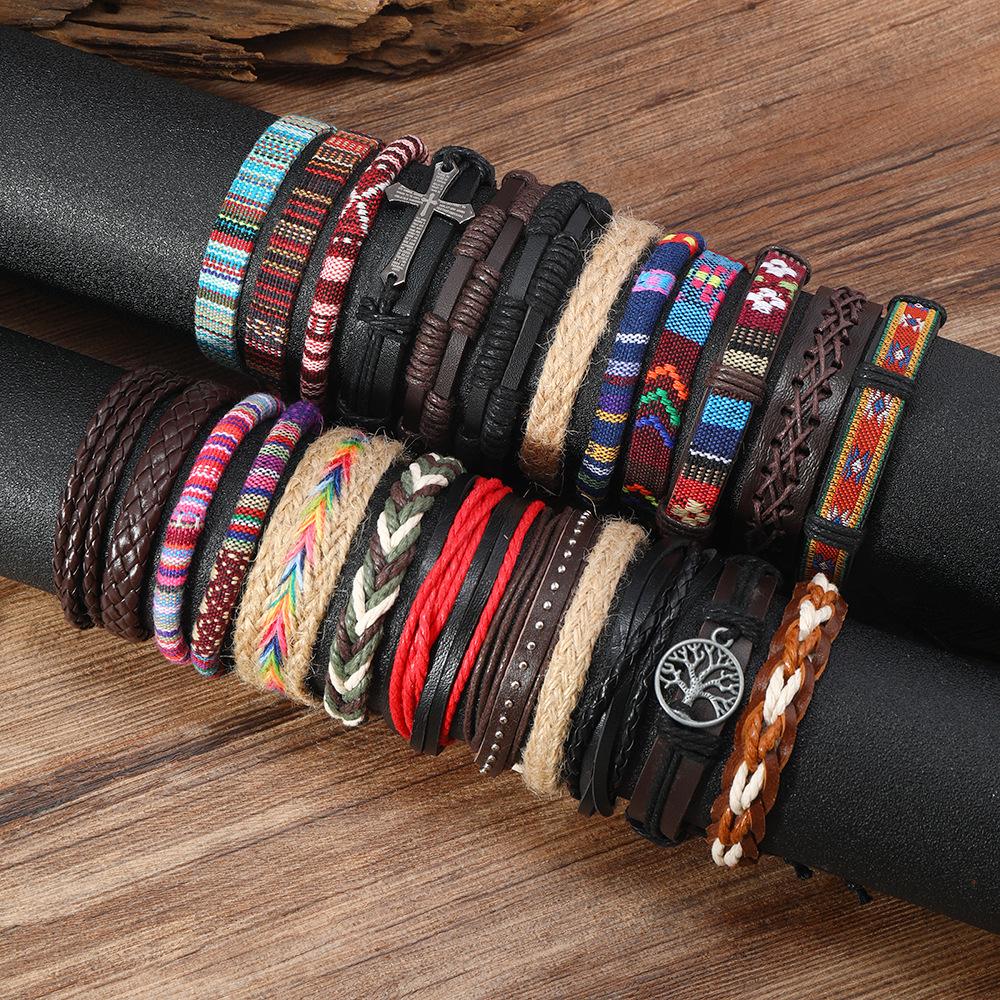 European and American ethnic wind alloy life tree hemp rope leather combination woven hand rope Amazon DIY men's bracelet
