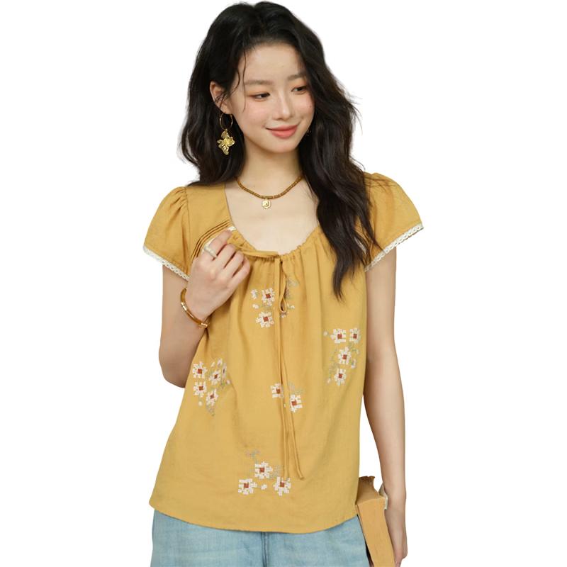 Retro Embroidered Drawstring Fly Sleeve Top M