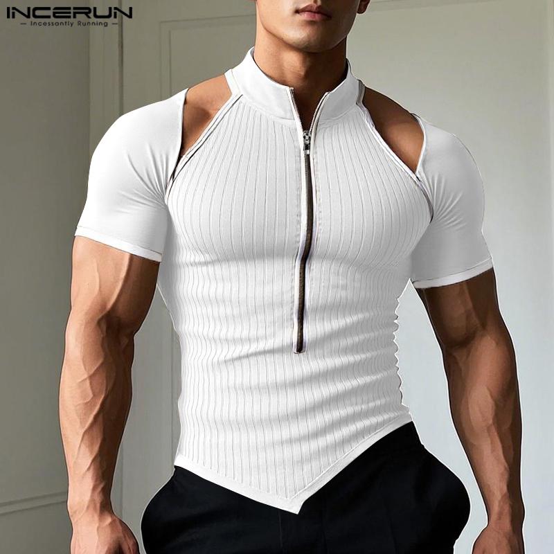 INCERUN Camisetas de verano para hombre, de manga corta, con cortes, costuras, cremallera y canalé, informales, ajustadas